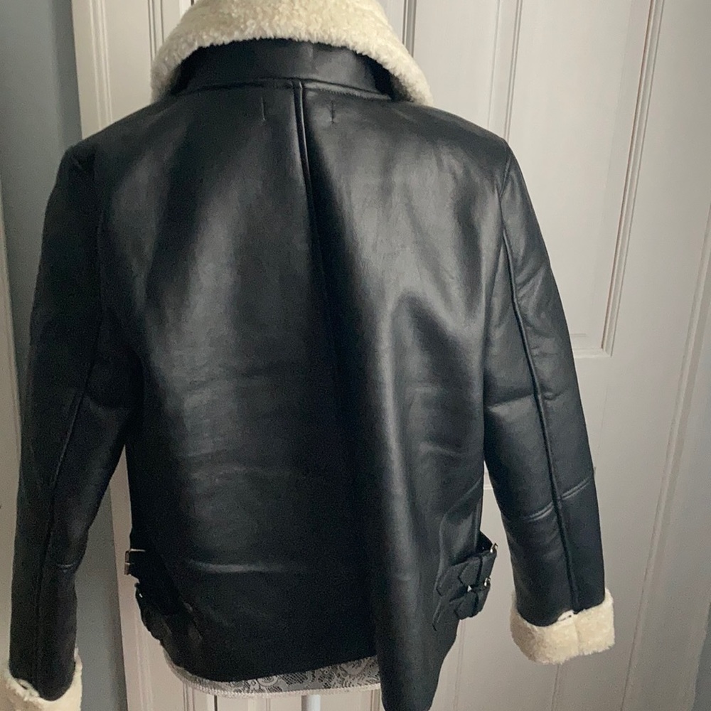 LAST ONE - L - Black Faux Leather Moto Jacket Sherpa Lined - Picture 11 of 16